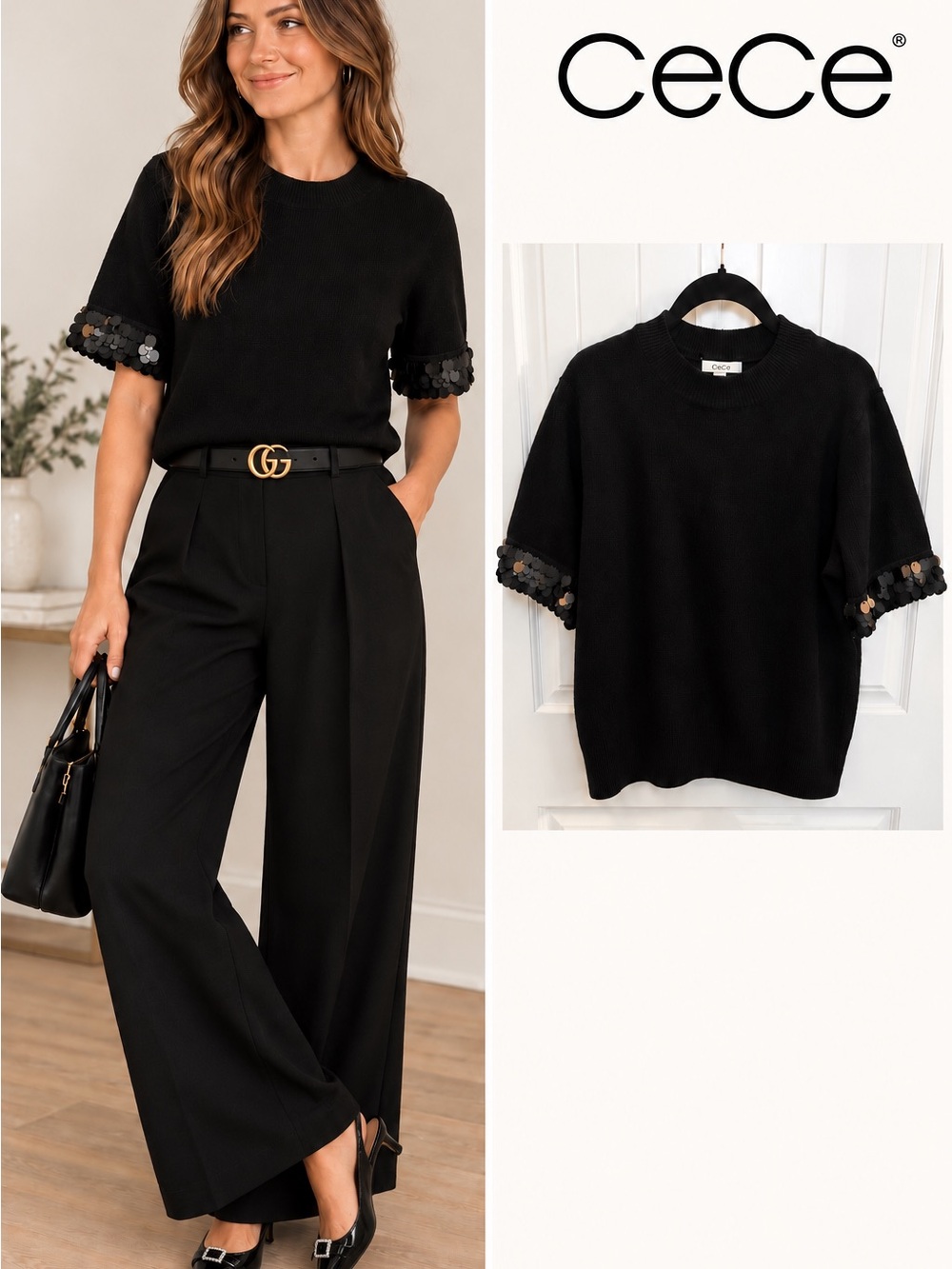 CeCe Black Short Sleeve Sweater with Sequin Trim
